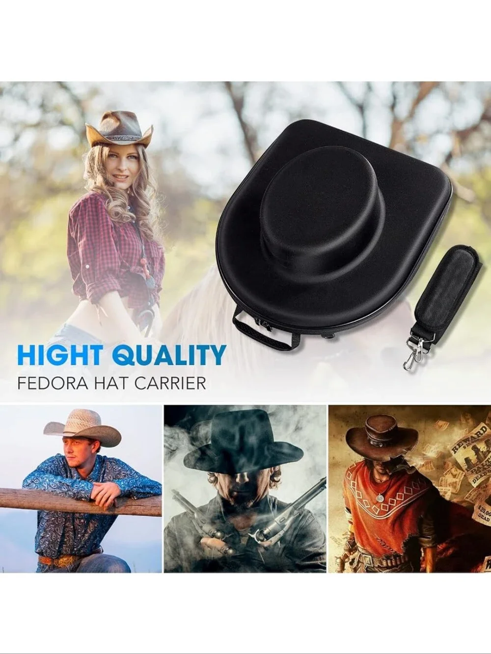 🆕️Cowboy Hat Case Crushproof Hard Hat Box Travel Organizer Strap Western Fedora